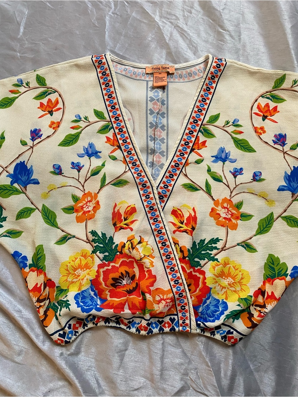 Flying Tomato Cream Floral V-Neck Tunic with Multicolor Embellished Trim